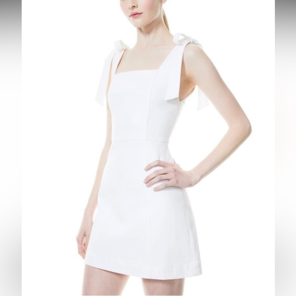 ALICE + OLIVIA - MARYANN TIE SHOULDER MINI DRESS - White Jean Dress Jumper - Picture 7 of 12